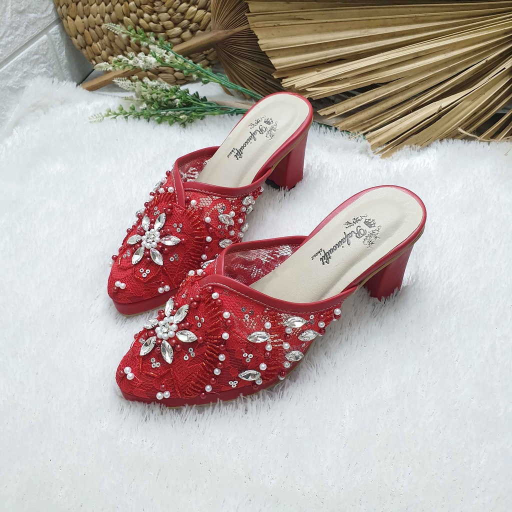 Sepatu wedding pesta Cantik Lesley merah cabe 7cm tahu