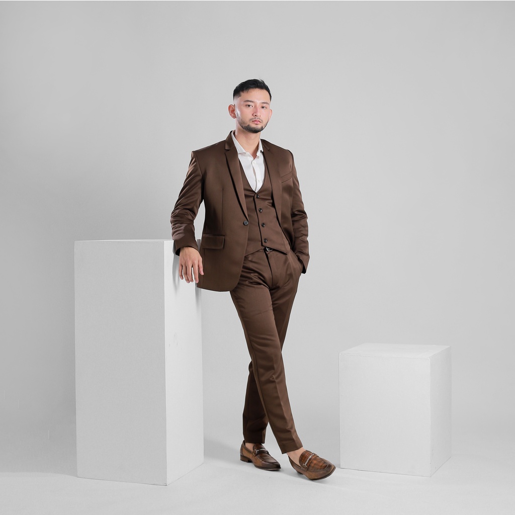 Jas Formal Pria - Stelan Jas Celana Vest Coklat - High Quality - Free Cover+Dasi