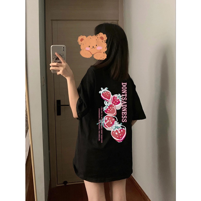 EUNII T-shirt Lengan Pendek Cartoon Pink Strawberries On Ice Korean Style/Kaos Atasan Wanita/Baju Kaus Oversize Wanita/Kaos Wanita