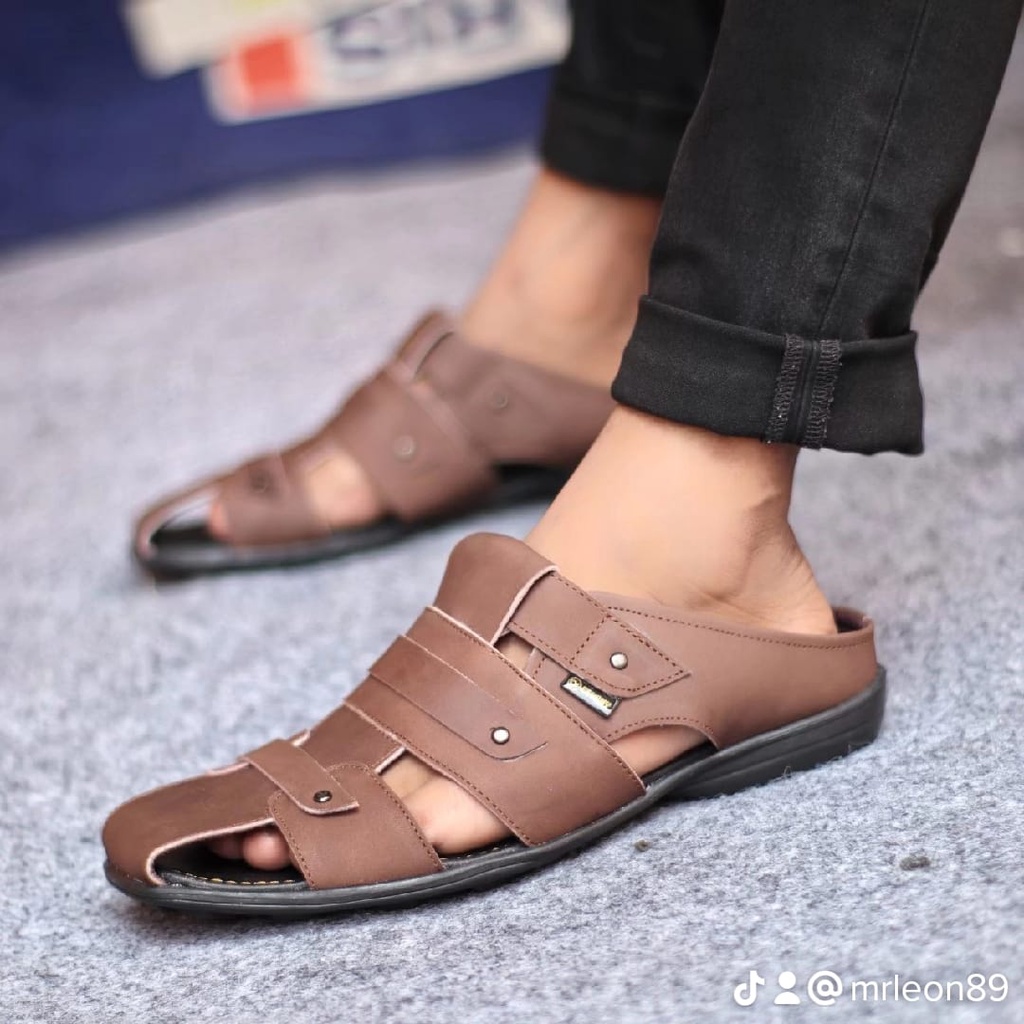 Sandal Bustong Tutong Pria Slip On Slop Kulit Sapi Asli Putih Casual Santai Jalan Formal Keren Trendy Original