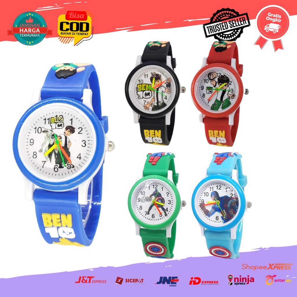 [COD] Jam Tangan Anak Cowok Analog Strap Rubber Karakter Kartun Tayo Boboboi Ben10 Captain Amerika