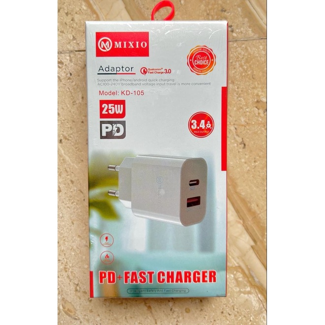 MIXIO - KD-105 USB + TYPE C Adaptor PD + FAST CHARGER 3.4A - 25W