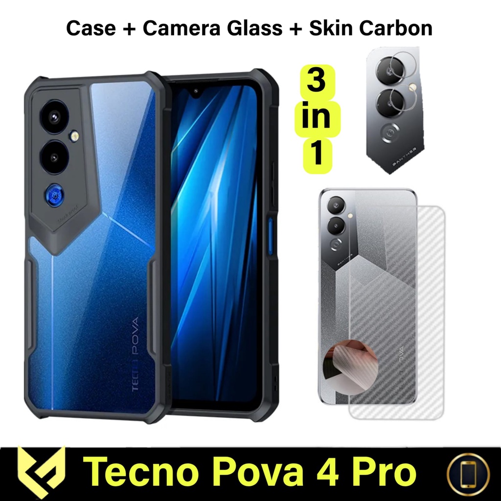 PROMO Paket 3IN1 Case For TECNO POVA 4 / POVA 4 PRO Case Fusion Shockpoof Free Tempered Glass Camera &amp; Garskin - Fids Stor