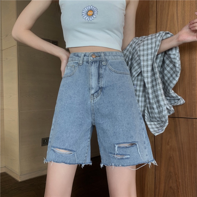 celana pendek denim wanita korean style highwaist premium baggy vintage celana jeans sobek