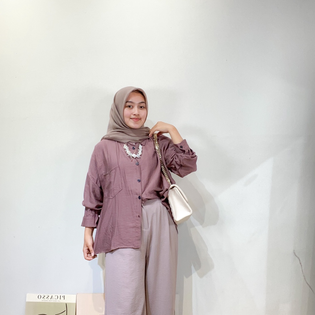 Asofa Kemeja Blouse Full Kancing Polo Linen