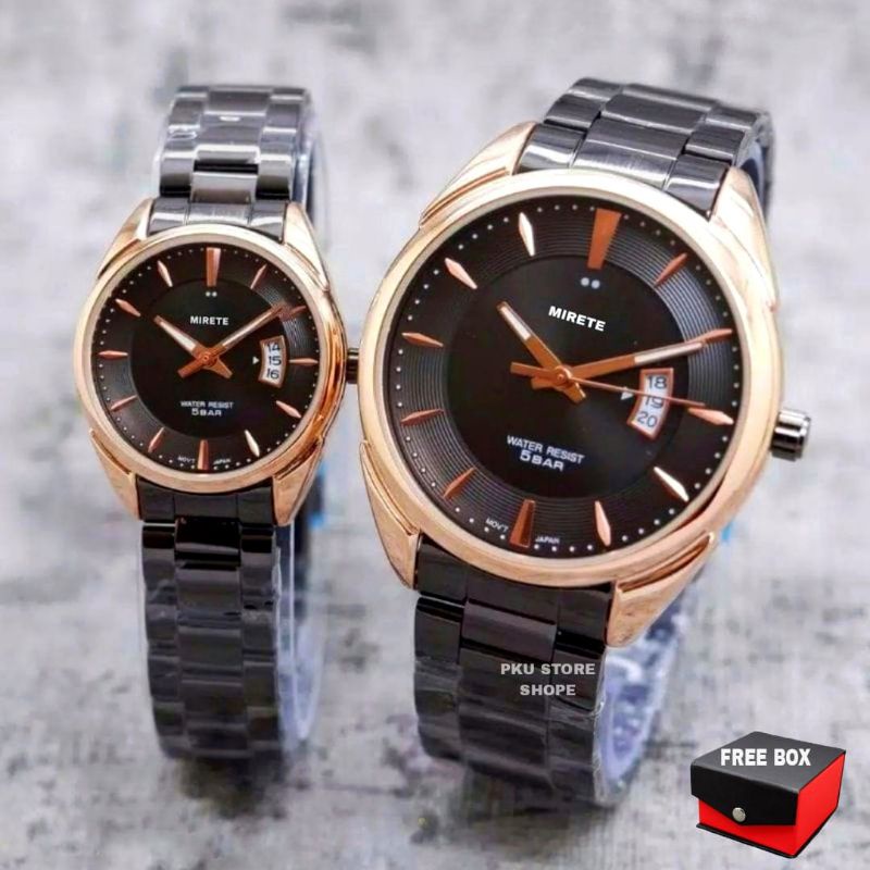 MIRETE ORIGINAL Jam Tanngan Couple Pria Dan Wanita Tahan Air Tanggal Aktif Free Box | Jam Tangan Kasual Analog Pria Dan Wanita Strap Rantai Stainless Steel Mewah Elegan Sporty Quartz Realpict Dijamin Sesuai Foto