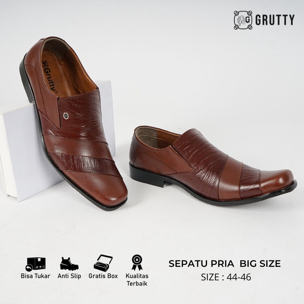 Sepatu Pria Formal Pantofel Kulit Asli Tanpa Tali Big Size Ukuran Besar GRUTTY DC014 Coklat