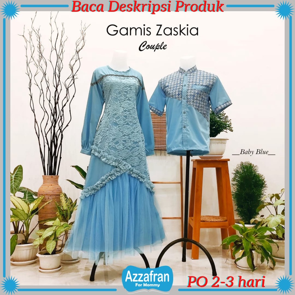 Gamis Zaskia Couple Biru Muda | Baju Katun Anak Perempuan & Dewasa | Seragam Lebaran Brokat Terbaru