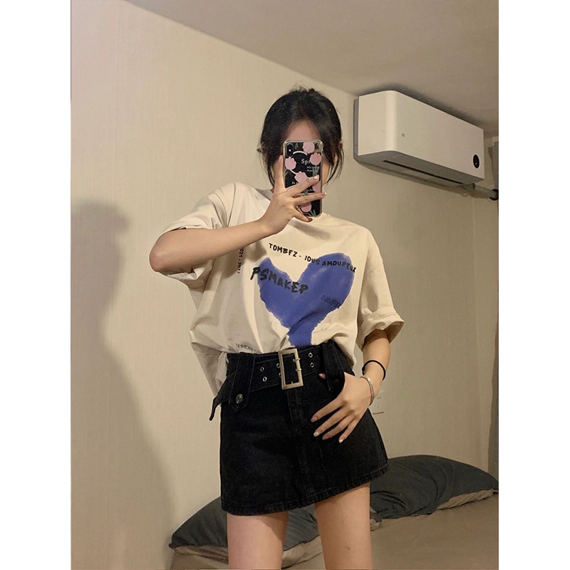 baju atasan wanita terbaru kaos/lengan pendek korean style letter heart motif printed t-shirt kekinian oversize kaos cream couple