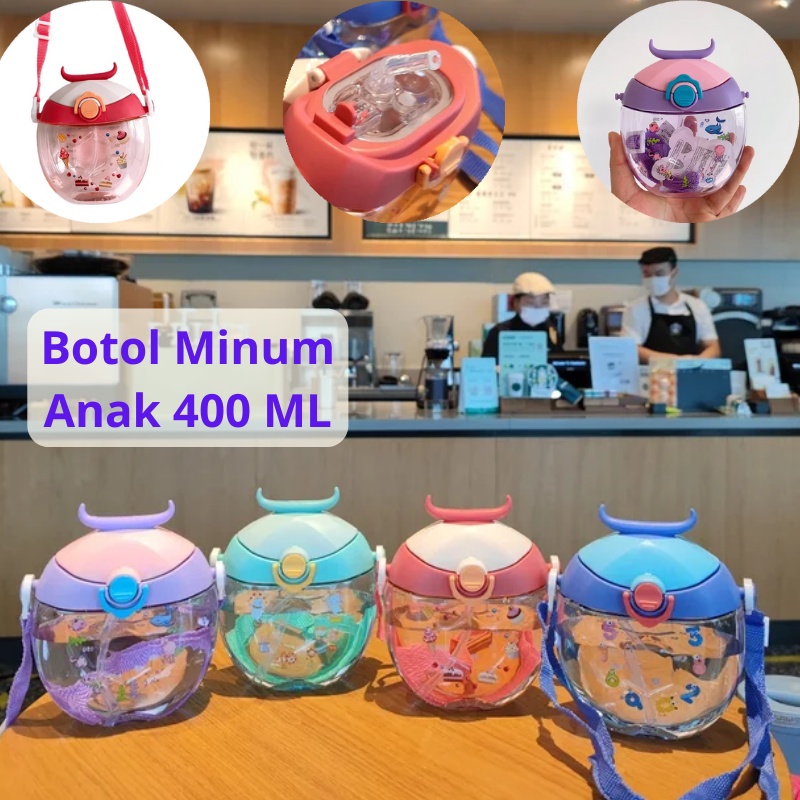 Botol Minum Anak Sekolah PAUD TK SD Imut Lucu Tanduk Tali Panjang Sedotan 400 ML