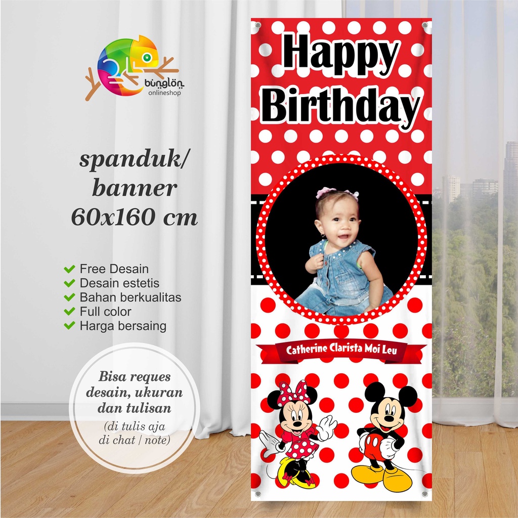 Spanduk Banner 60x160 Cm Spanduk Ultah Mickey Mouse, Spanduk Ulang Tahun, Spanduk Birthday Murah