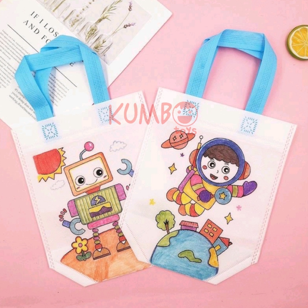 Mainan Edukasi Tas Spundbond Mewarnai 2 Sisi Bergambar DIY Coloring Goodie Bag Souvenir Ulang Tahun