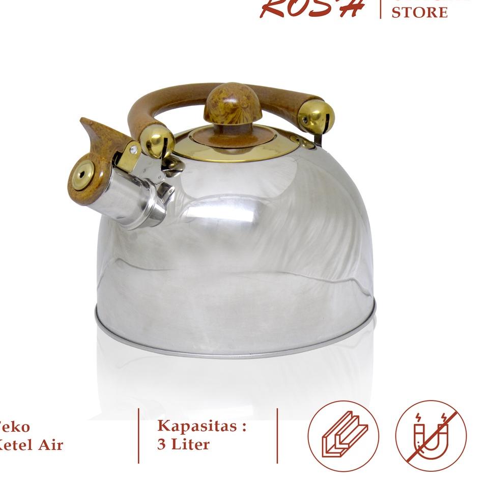 ✤ ROSH Teko / Ketel / Ceret 3 Liter Whistling Kettle Wooden Stainless Steel Anti Karat ROS ۞