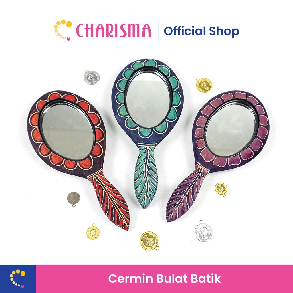 Charisma Cermin Gagang Kayu Batik Oval - Cermin Tangan Kayu Batik / Cermin Kecil Batik