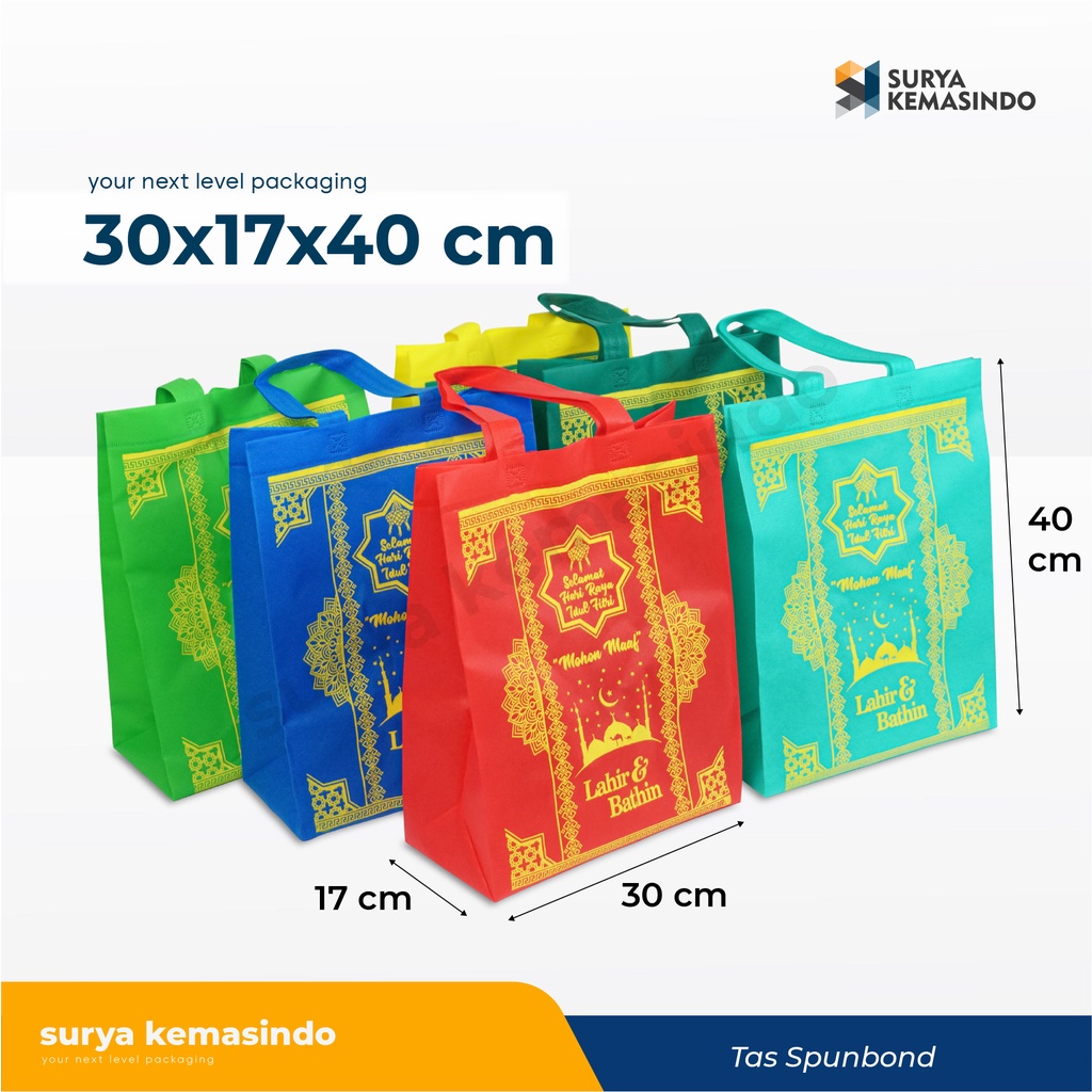 

Tas Spunbond 3D Idul fitri Kardus( 30x17x40 cm ) tasspunbond/goodiebag/taskain/taskado