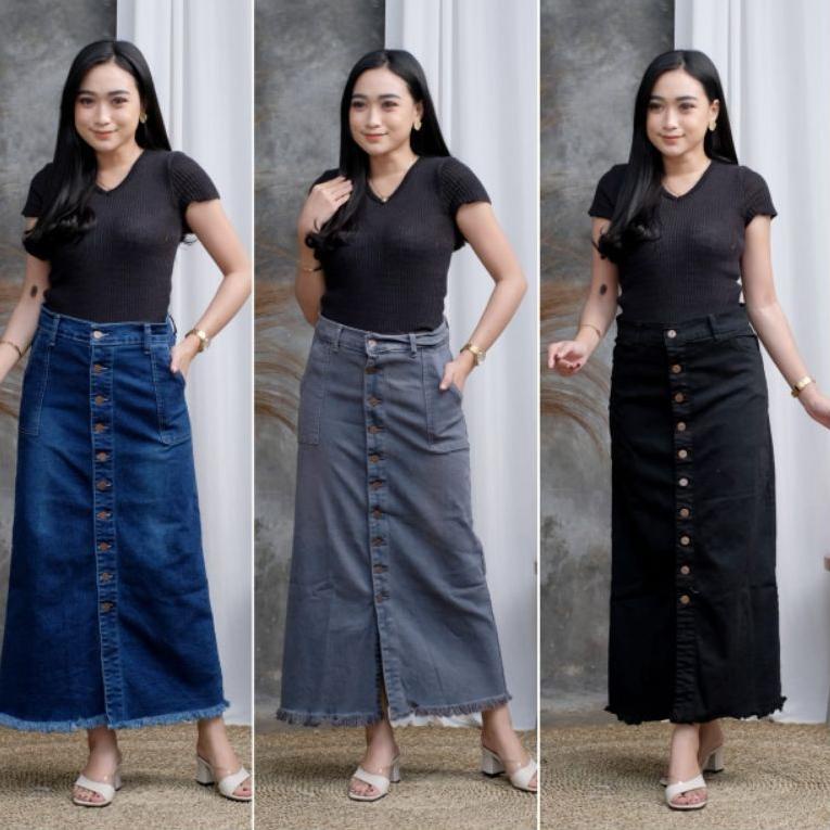 ROK JEANS PANJANG GISCA KANCING DEPAN CHEKOUT