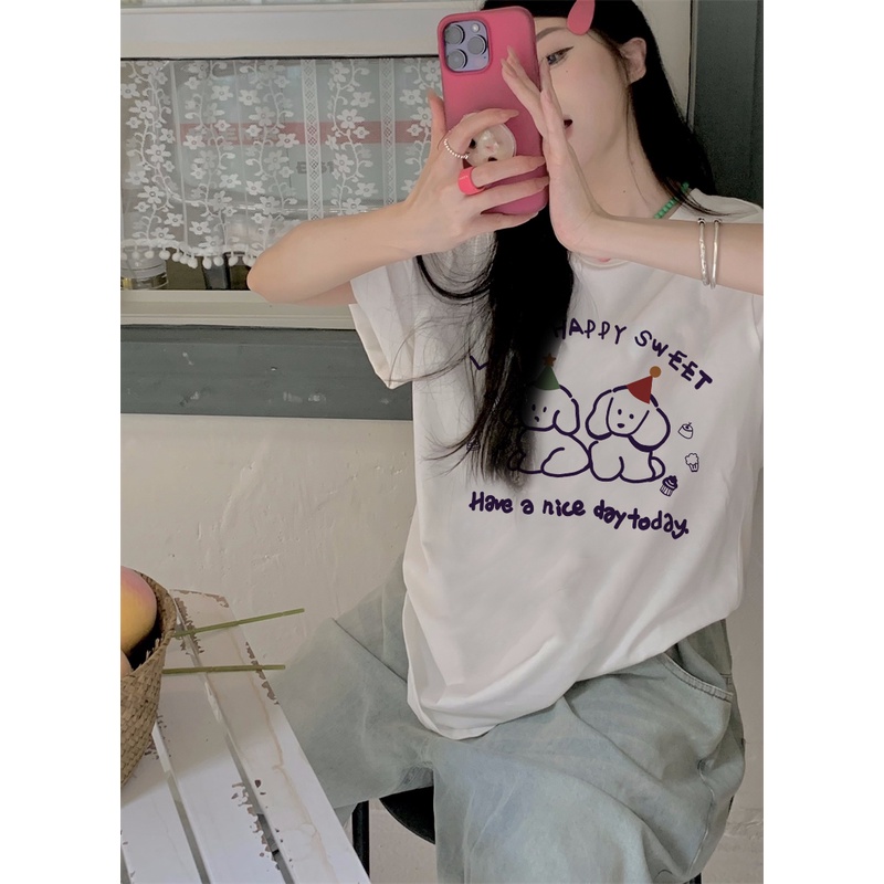 EUNII T-shirt Lengan Pendek Cartoon Birthday Dog Korean Style/Kaos Atasan Wanita/Baju Kaus Oversize Wanita/Kaos Wanita