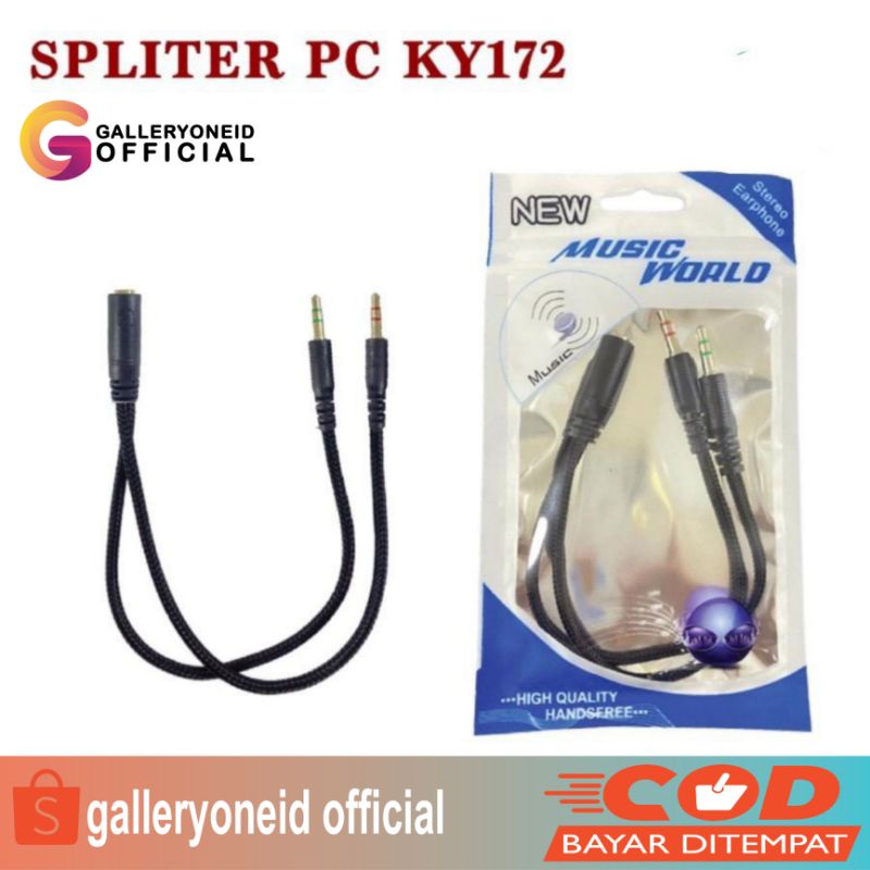 Spliter PC Cable 2 Male 1 Female Jack 3.5mm Audio Microphone Headset