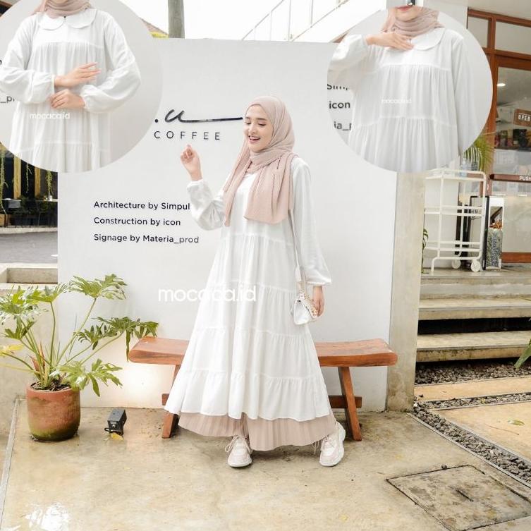 HARGA TERMURAH midi dress susun kerah renda katun rayon twill premium hitam putih babydoll long tuni