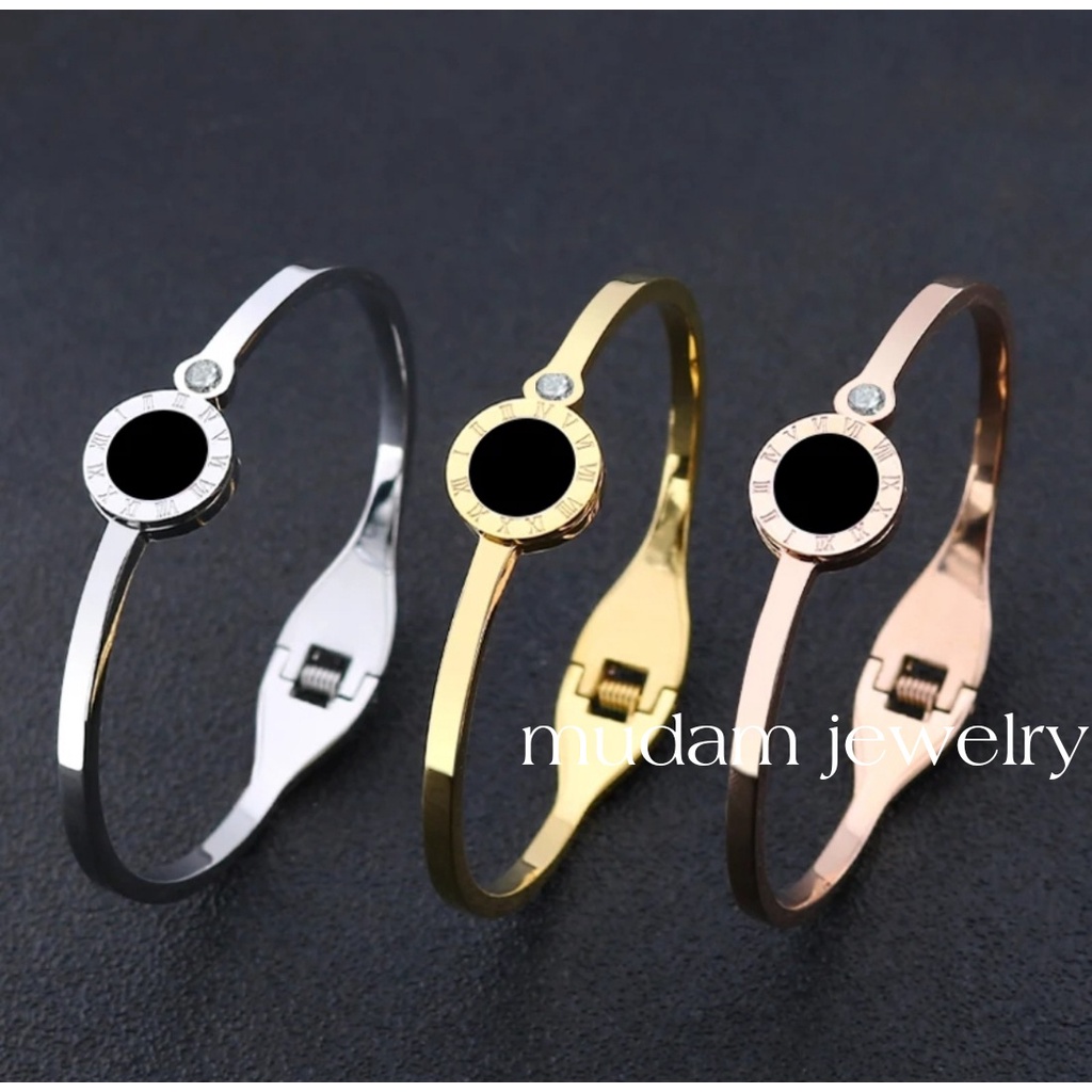Gelang Bangle Angka Romawi Dengan Kristal Tersedia Warna Rose Gols, Gold dan Silver
