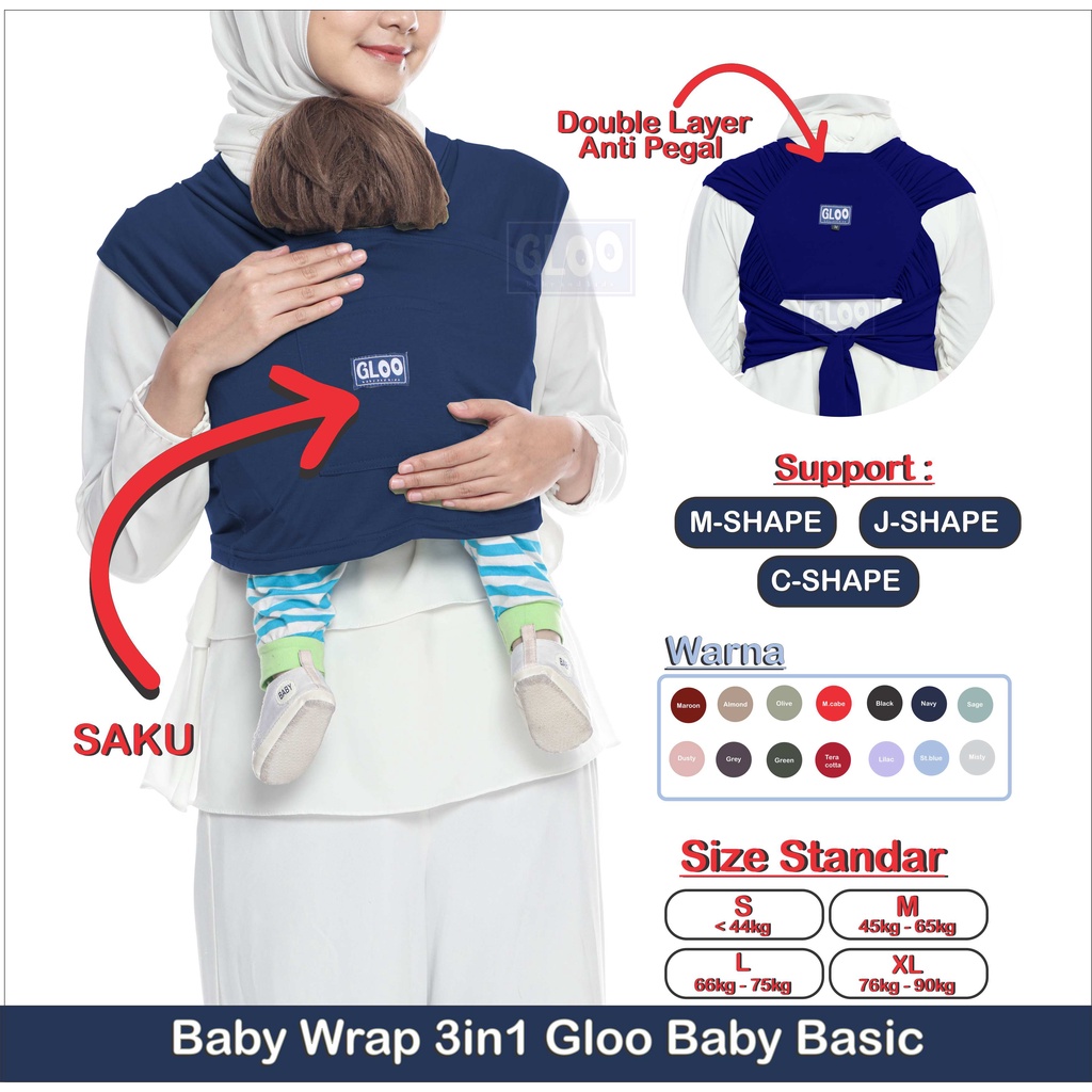 Gendongan Bayi Depan M Shape Baby Wrap 3in1 Geos Baby Instan Premium with Sash Belt GLOO