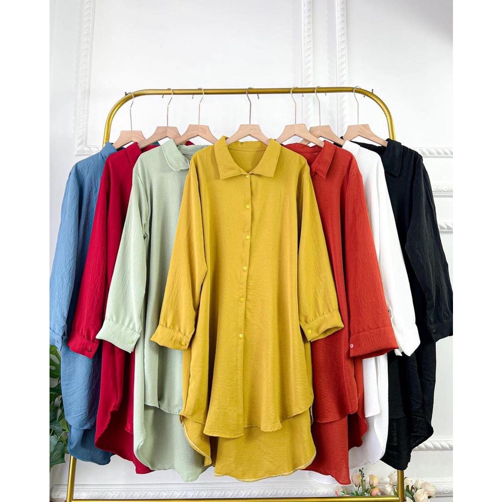 Ivana - Long Tunik Hijab / Tshirt Oversize / Kemeja oversize Bahan crinkle tebal adem / atasan baju wanita lengan panjang / kemeja basic polos simple full kancing depan