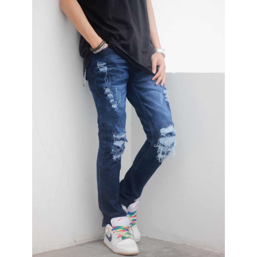 BELVANA - celana jeans sobek lutut pria / jeans pria sobek / jeans pria slim fit abu abu / jeans pan