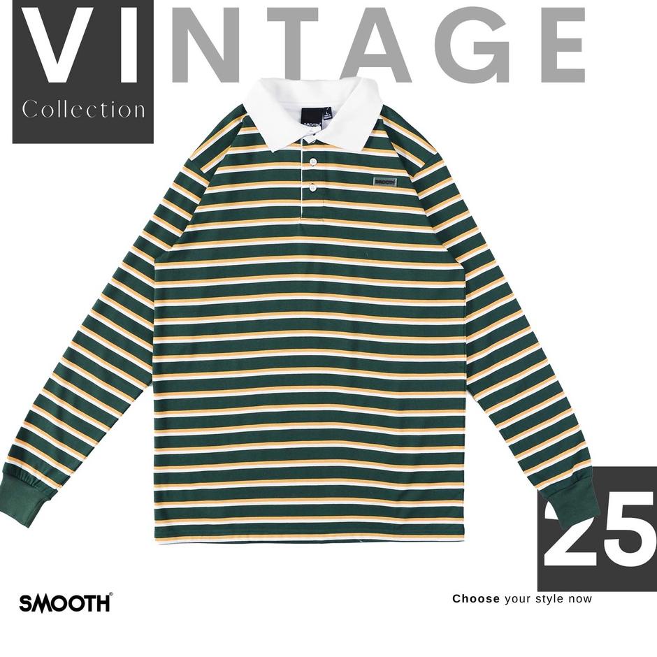 ✫ SMOOTH BASIC Vintage Rugby Polo Shirt - Striped Green ❂