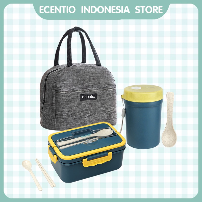 ecentio mangkuk sup lunch box set/kotak makan free sendok&amp;sumpit kotak makanan anti tumpah BPA free