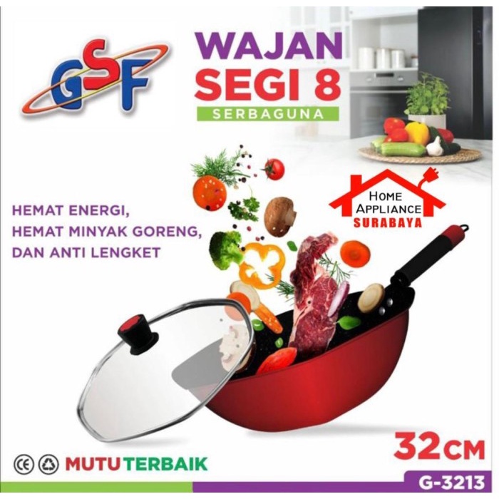 Terlaris Panci Wajan Wok Segi 8 Gagang 32Cm Anti Lengket + Tutup Kaca Gsf 3213