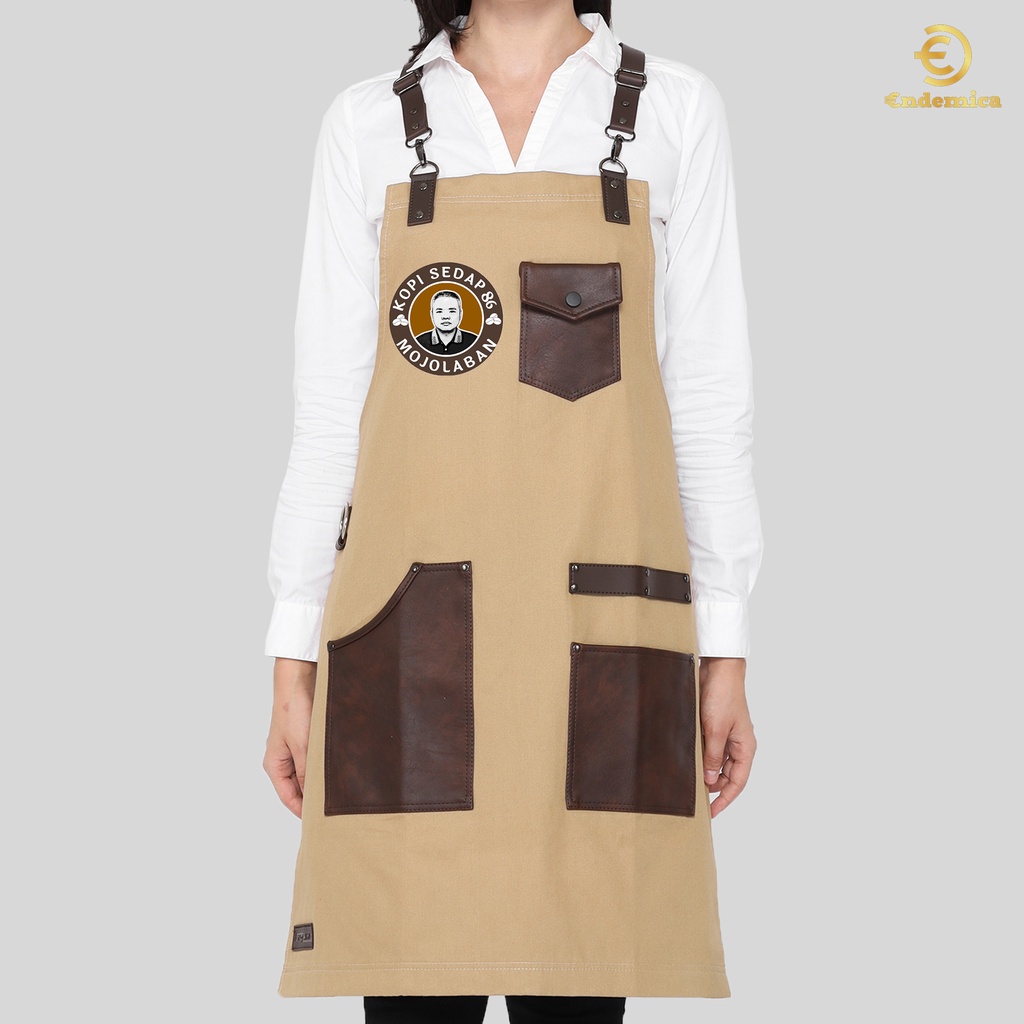 apron barista full cotton &amp; synthetic leather  include embroidery