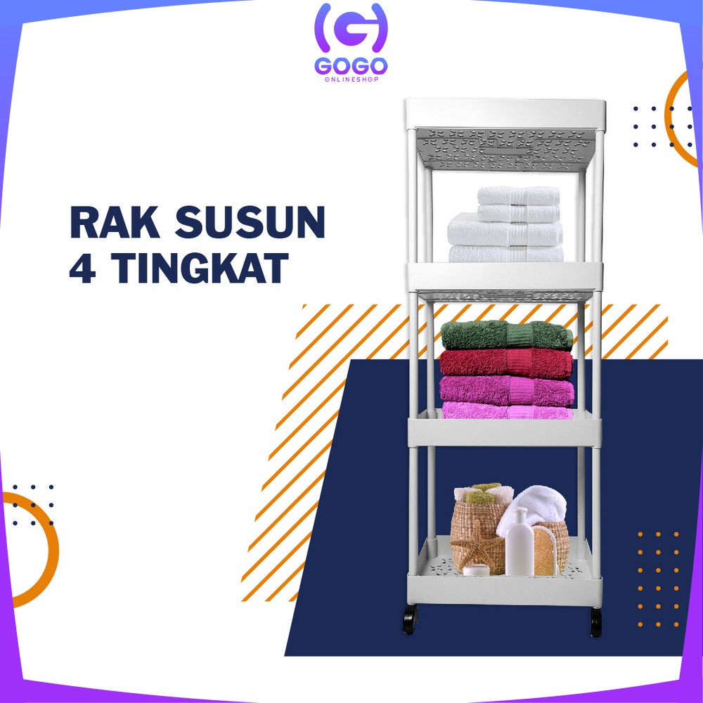 GOGO-C802 Rak Susun Serbaguna 4 Tingkat Dengan Roda Bahan Plastik Rak Dapur Roda Portable / Rak Kamar Mandi Trolley Tempat Penyimpanan Multifungsi