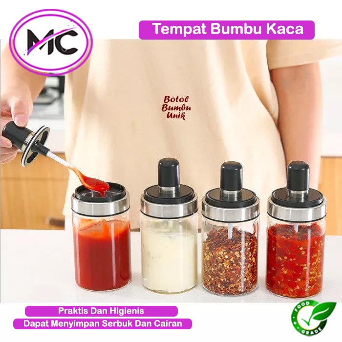 Tempat Bumbu Kaca Botol Penyimpanan Garam Lada Bumbu Dapur Cair Dan Tabur Anti Tumpah Sendok Botol Simpan Kopi