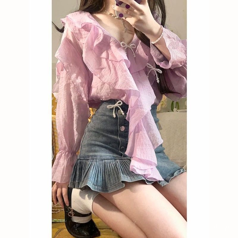 [✅BISA COD] #Sisjuly# Setelan dua potong rok pendek denim gaya Hong Kong wanita ukuran besar