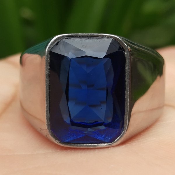 Batu Akik Cincin Titanium Tanam Permata King Safir Sapphire Cutting Kotak 3s100