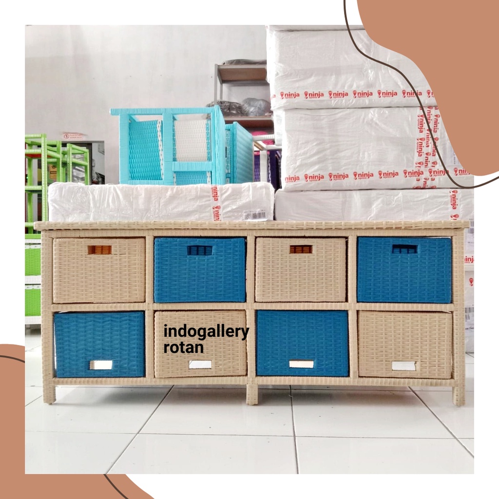 Lemari Rak Laci 8 Box Panjang Rotan Sintetis Penyimpanan Baju
