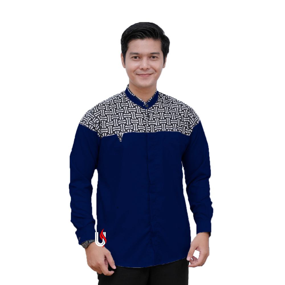 Hilwa Collection Baju Koko Pria Dewasa Motif Falcon Kombinasi Batik Terbaru Warna Navy