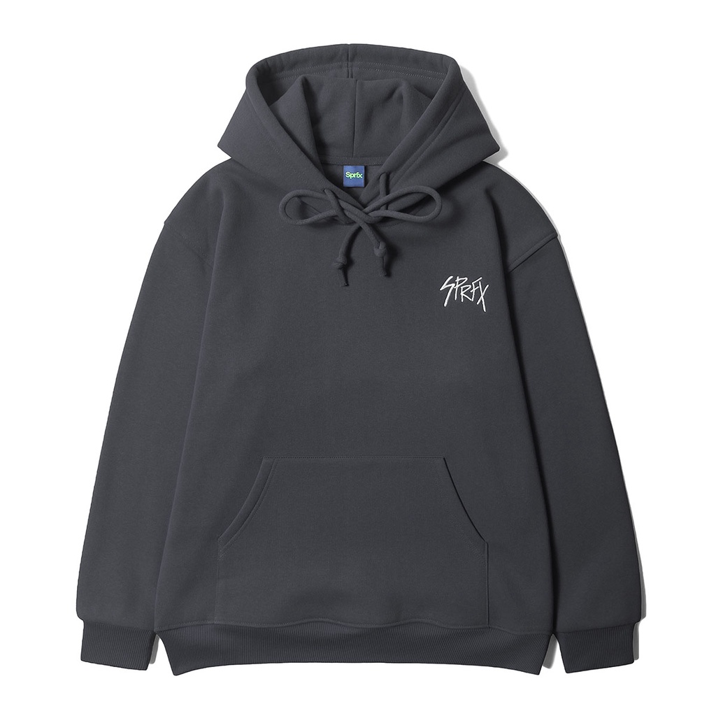 Sprfx Staple Dark Jaket hoodie katun fleece warna dark gray dengan grafis bordir, tali pengencang, d