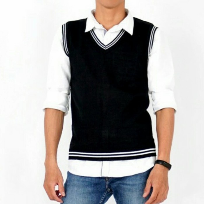 Discount Rompi Rajut Pria Wanita Dewasa vest pria Hitam List Putih /VEST RAJUT/VEST WANITA/VEST