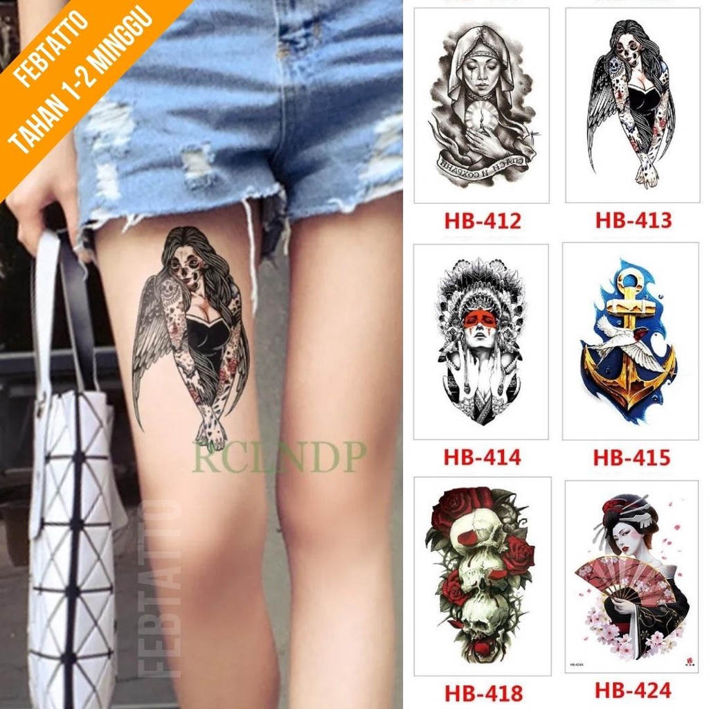 Tato Temporer Ukuran 21cmx15cm Motif Aesthetic Tatto Temporary Stiker Tato Halal Grosir Tato air motif tengkorak, wanita, jangkar bunga HB 413