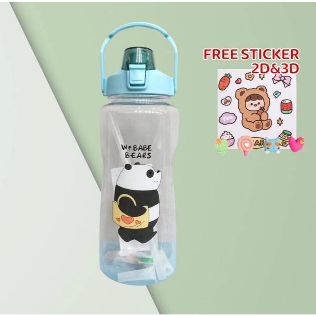 Botol Minum 2 Liter Viral Bening Transparan Motif We Bear Free Sticker 2D&amp;3D BPA Free-Botol Motivasi 2 Liter Bening Transparan Water Drink+Sticker 2D&amp;3D