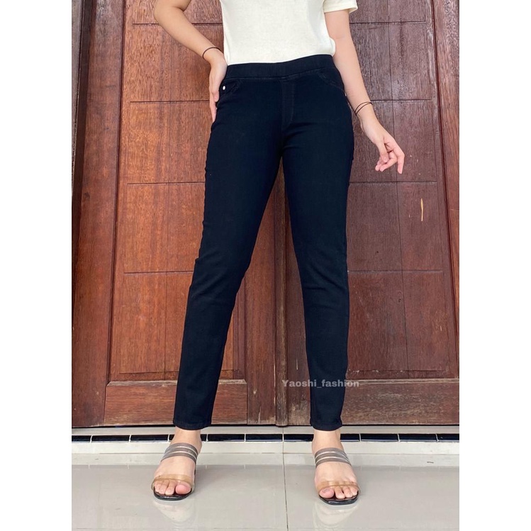 Celana Pensil Basic Pants Polos // Celana Baggy Jeans Wanita Pinggang Karet Leging Denim Streat