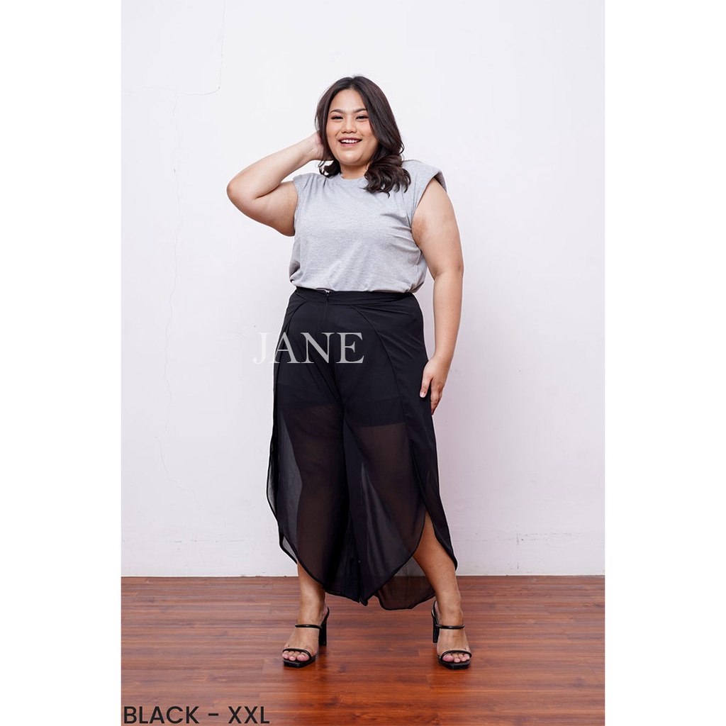 JANE COLLECTION || Celana Panjang Wanita Hitam Bawahan Wanita Bigsize See Through Pants Jumbo Celana Pantai Side Slit Pants Escarpat Pants