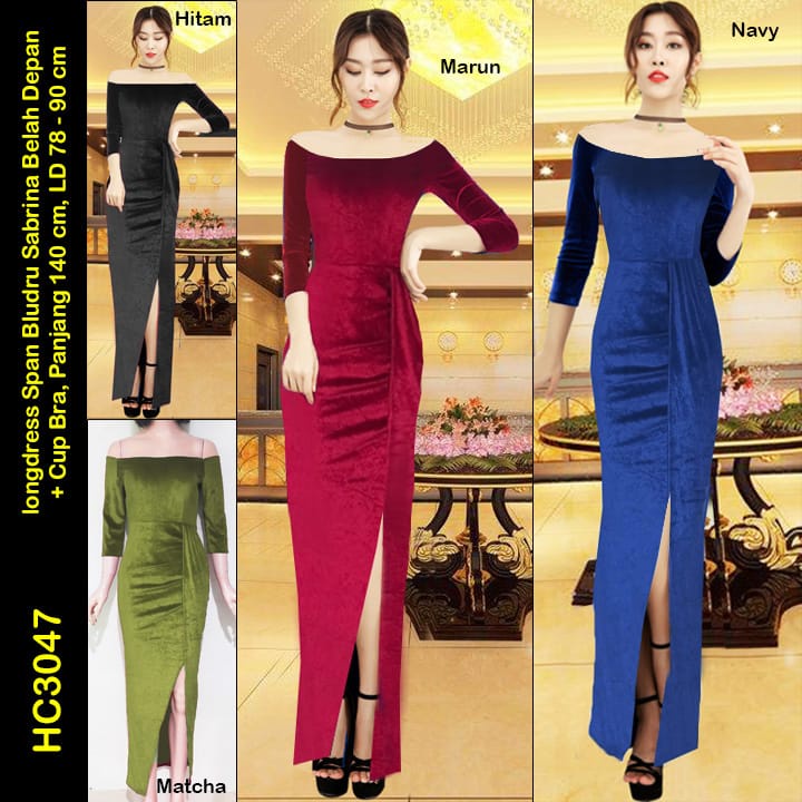 HC3047 Longdress Bludru Span Sabrina Belah Depan + Cup Bra / Gaun Panjang Seksi / Longdress Sexy / Long Dress Polos / Longdress Sabrina / Dress Panjang / Long Dress Beludru / Longdress Bludru / Longdres Velvet