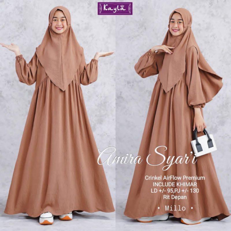 Amira Syari Kids Sage Gamis Anak Perempuan (FREE HIJAB) Usia 11-14 Tahun Crinkle AirFlow