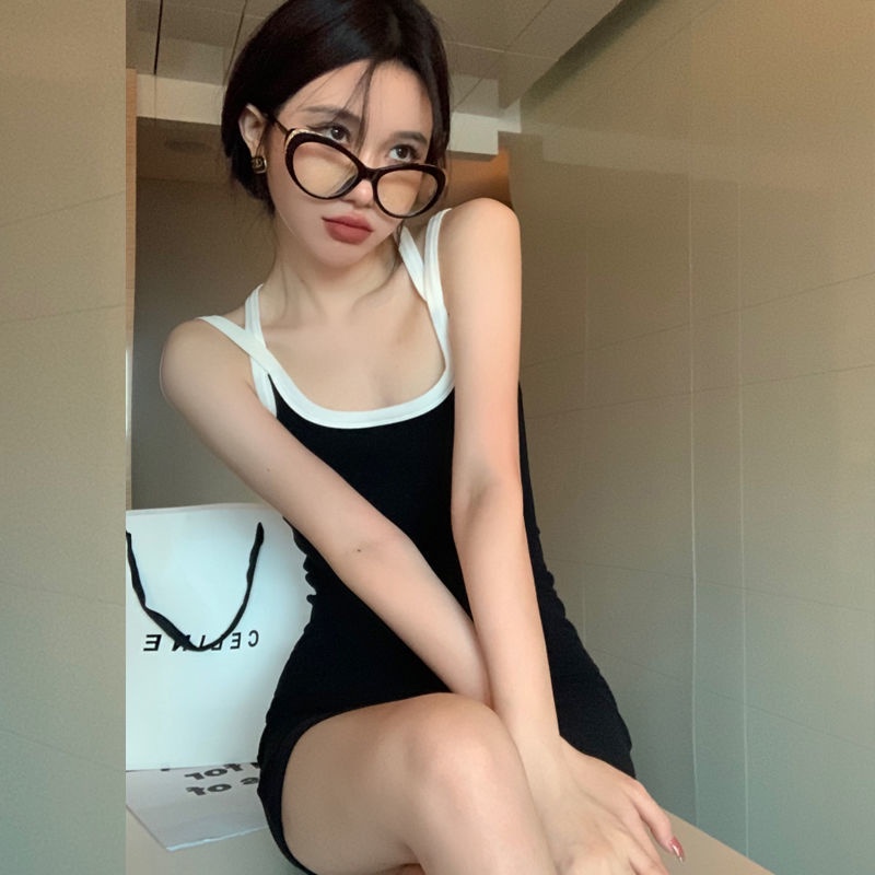 Red Hasrat murni backless hitam tali selempang gaun wanita musim panas ramping jahitan rok pendek tanpa lengan pinggang hot gadis tas pinggul rok