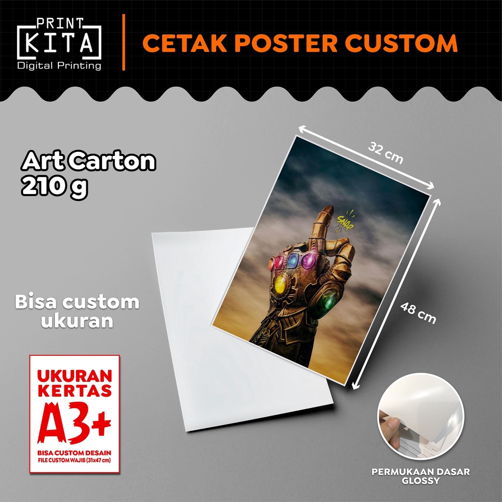 

Cetak Poster Custom Bahan Art Karton 210 gsm, Poster Glossy Tanpa PO, Proses 1 Hari Selesai