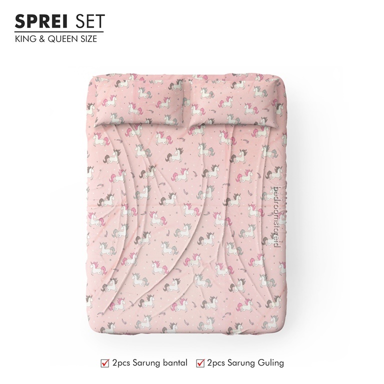 Sprei Aesthetic Motif Unicorn Pink | Ala Korea Sudah Termasuk Sarung Bantal Guling