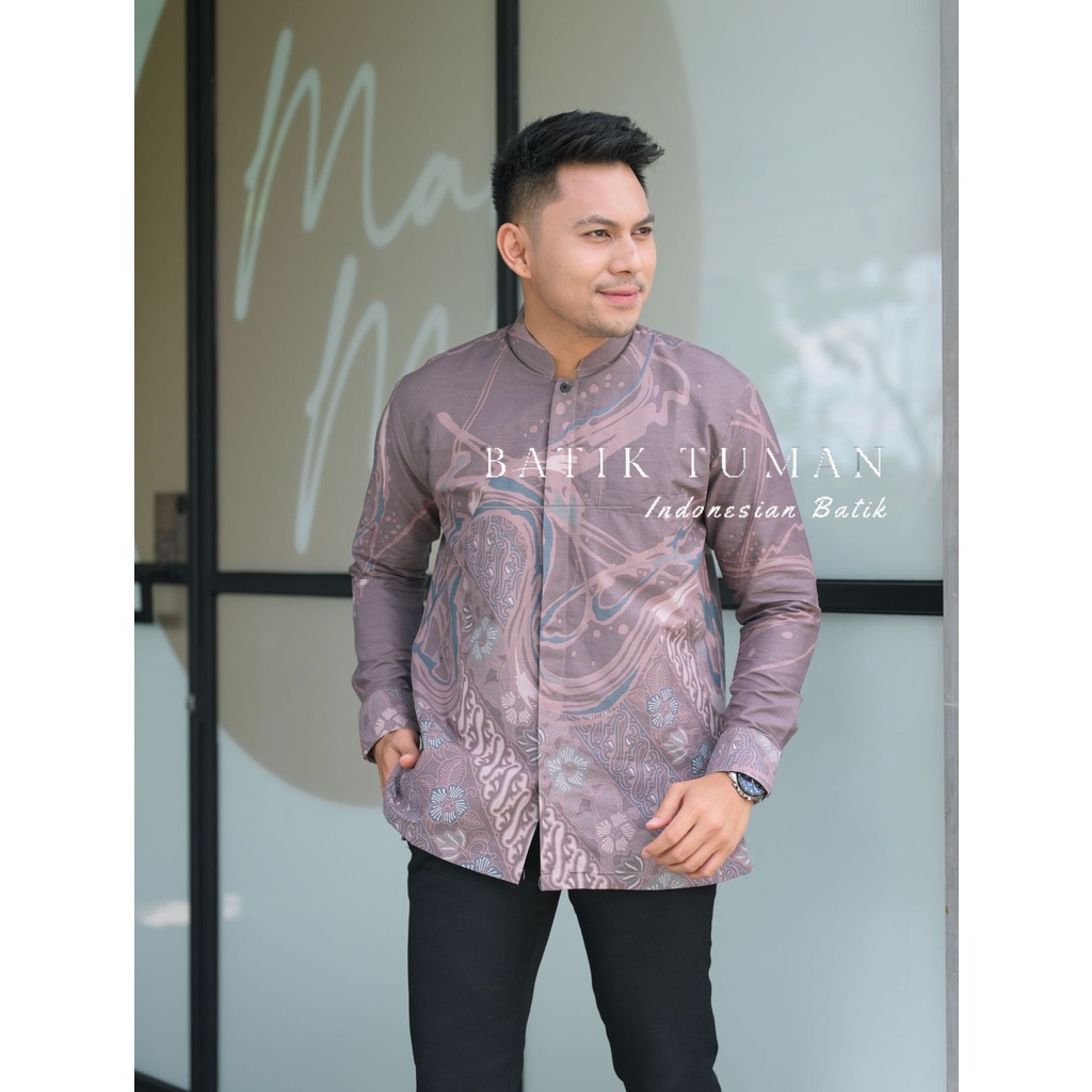 KOKO FATKHUL MAUVE DUSTY PURPLE Baju Muslim Koko Pria Lapis Furing Bahan Katun Halus Motif Batik Pri