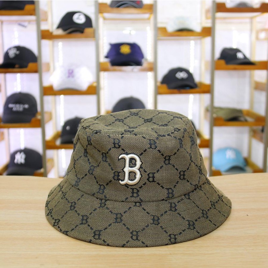 Topi Bucket Baseball Boston Monogram Brown Bordir Mlb Korea IMPORT